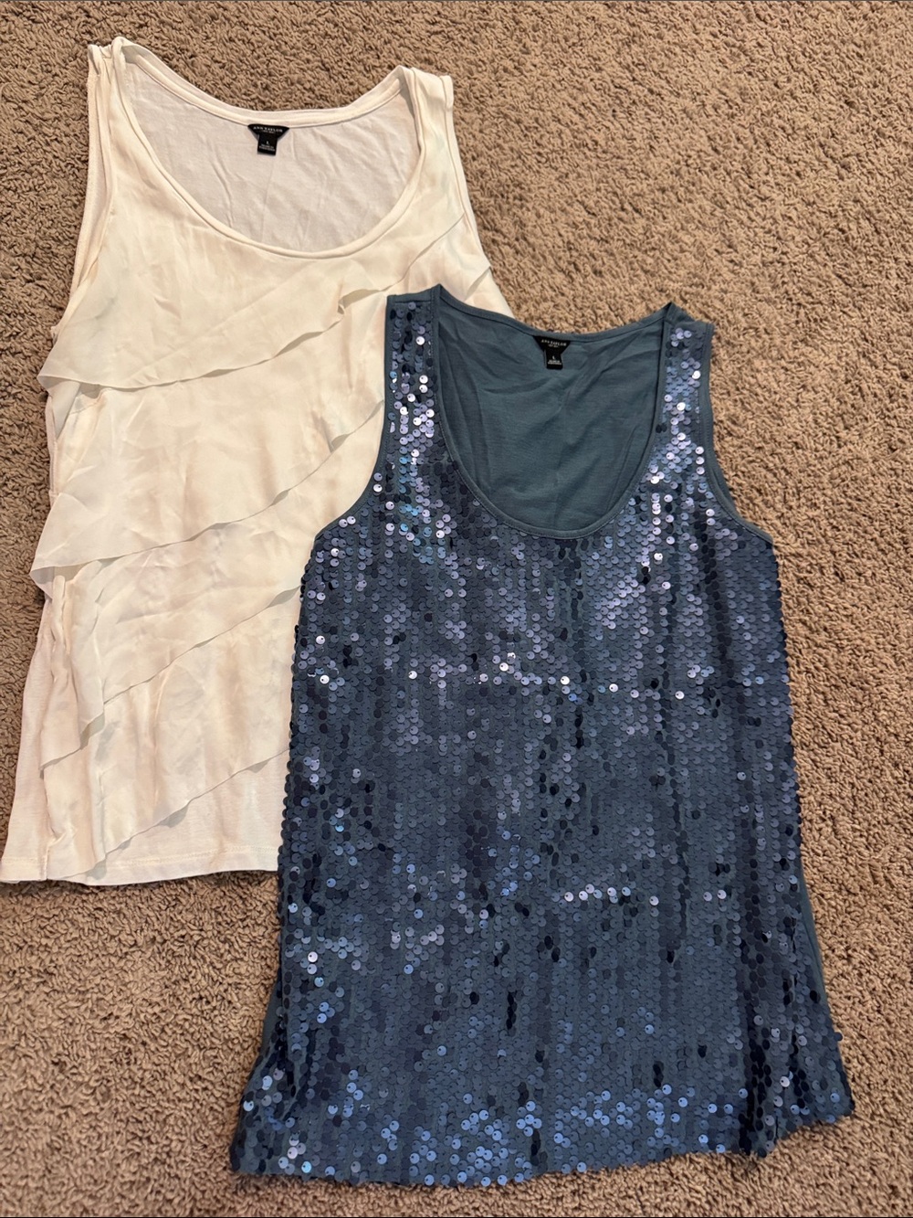 Ann Taylor Navy Sequin Tank and Cream Ruffle Tank